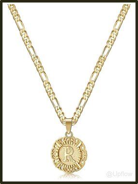 KissYan Initial R Necklace Stainless Steel 14K Gold Plated Figaro Chain Pendant